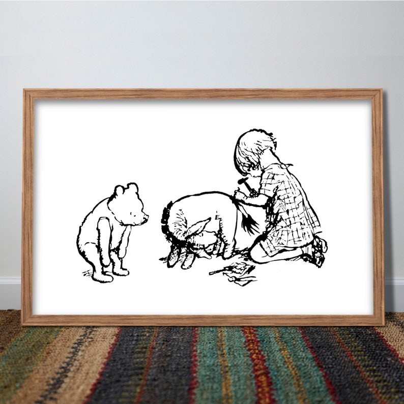 Printable Winnie the Pooh Print and PNG, AA Milne Illustration, Ink Drawing, Eeyore Gets Tail ...