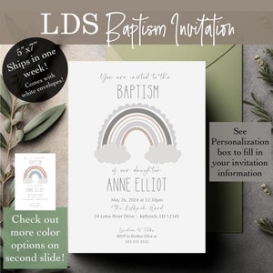 May include: Baptism invitation with a rainbow design in neutral colors. The invitation includes the text "You are invited to the BAPTISM of our daughter ANNE ELLIOT" with event details. The invitation is 5" x 7" and comes with white envelopes.