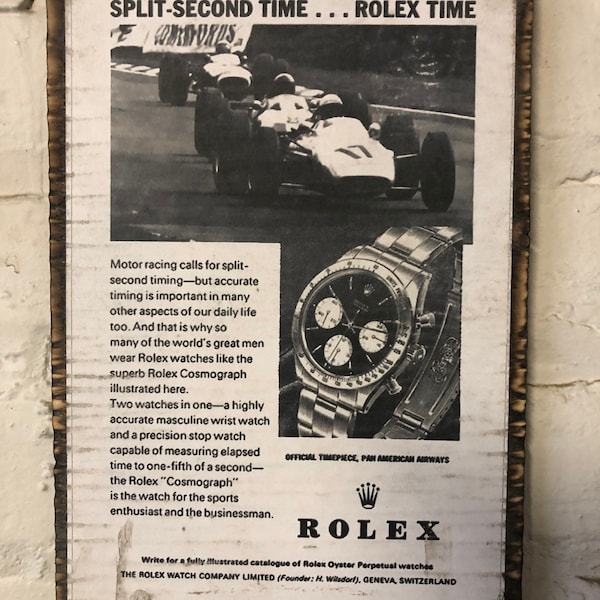 Rolex Daytona 6263   watch ad for  US Daytona race vintage watch ad art piece distressed art work home decor free shipping