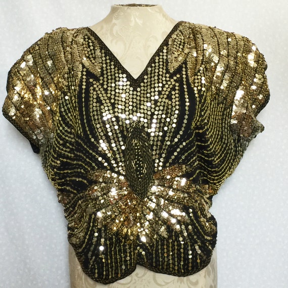 Vintage butterfly disco top // Sequined gold top /