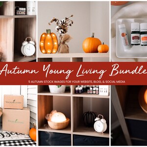 Może przedstawiać: Kolaż pięciu obrazów przedstawiających olejki eteryczne i dyfuzory Young Living. Obrazy obejmują dyfuzor z unoszącą się parą, półkę z butelkami olejku eterycznego, lampkę w kształcie dyni i pudełko z logo Young Living. Tekst "Autumn Young Living Bundle" jest wyświetlany w środku kolażu.