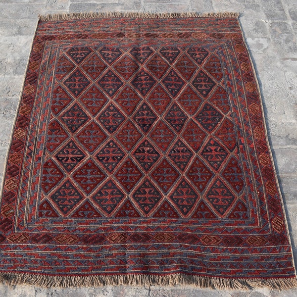 4.3 x 3.7 Ft Afghan Handmade Barjasta Vintage Mishwani rug 4x4, fine quality mishwani Kilim Rug-Square Afghan Area rug, Oriental Turkmen Rug