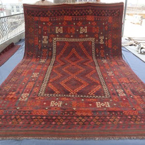 8&#39;5x13&#39;2 ft Large Afghan Kilim Rug- Afghan Vintage Geometric Pattern Area Rug- Red Orange Black Authentic Handmade Rug- Rug for Dining Table