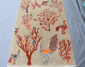 3x5 ft Birds Pictorial Rug, Afghan Handmade Wool Rug, Turkmen Tribal Rug, One of a Kind Rug, Pictorial Art Decor Rug, Kids Room Rug, Office