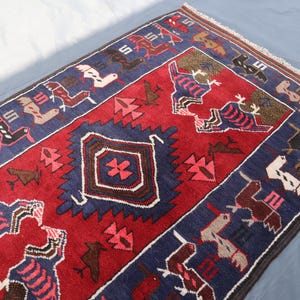 3x5 Red Blue Tribal Baluch Pictorial Area rug, Hand Knotted Turkman Autumn Nomadic Rug, Afghan Traditional Animal Rug, Office Bedroom Rugs