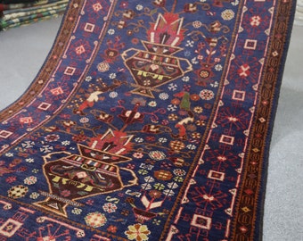 4x7 Navy Blue Vintage Floral Rug, 100% Wool Handmade Rug, Ethnic Turkmen Baluchi Rug, Authentic Oriental Geometric Rug, Farmhouse Art Decor