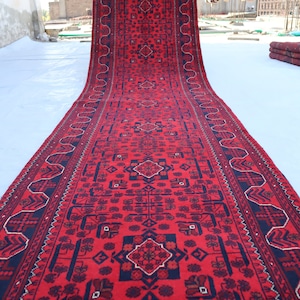 Alfombra de pasillo estilo Bukhara turcomano de 13,0 x 2,9 pies, alfombra de pasillo Khamiyab, alfombra de pasillo afgana de 3 x 13 pies, alfombra de pasillo estilo Bukhara oriental, alfombra de pasillo de escalera roja