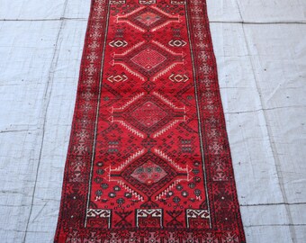 1920s Antique Caucasian Runner Rug 2'8x5'7 ft Navy Blue Red Geometric Rug, Handmade Wool Rug, Low Pile Medallion Rug, Runner, Kitchen Carpet