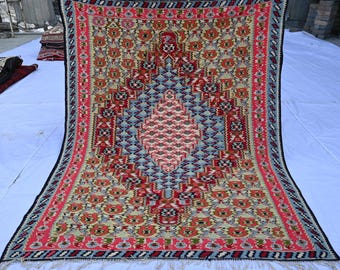 4x5 Geometric Kilim Rug, Flatweave Modern Area Rug, Turkmen Handmade Rug, Oriental Traditional Area Rug, Natural dyes Wool Rug, Bedroom Rug