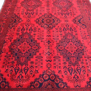 9.4x6.5 Ft Red Bokhara Rug, Afghan Handmade Wool Area Rug, Turkoman Oriental Rug, Turkish Design Rug For Living Room, High Pile Wool Carpet