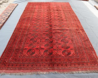 Afghan Vintage Rug, 6'7x11'6 ft Antique Turkmen Bokhara Rug, Handmade Wool Rug, Turkmen Rug, Oriental Rug, Living Room Rug, Farmhouse Carpet