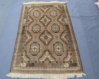 Tappeto antico 3 x 5 piedi, tappeto afghano in terracotta, tappeto in lana fatto a mano, tappeto tribale turkmeno Mowri, tappeto per camera da letto, tappeto a pelo corto sbiadito, tappeto da cucina