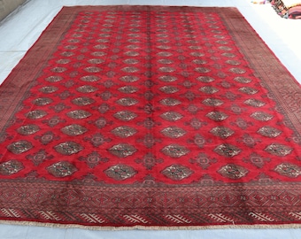 Stor vintage handgjord turkmensk Bokhara-matta, 3,5 x 4,3 m, afghansk ullmatta, bohemisk lyxig heminredning, stor orientalisk matta, vardagsrumsmatta