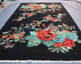 200x300 Schwarzer Baum des Lebens Teppich, Floraler Teppich, Handgemachter Wollteppich aus Wolle, Wollteppich für Wohnzimmer