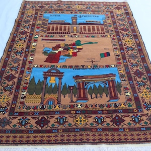 4x6 Pictorial Art Decor Rug/ Afghan Handmade Wool Rug/ Map Design/ Oriental Turkmen Soft Pile Rug/ Tribal Vintage Balochi Rug/ Bedroom Rugs