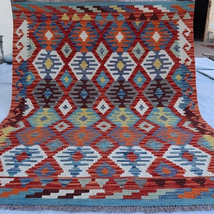 Fabulous 6&#39;6x5&#39;3 Ft, Gorgeous Hand woven Red Afghan Kilim Rug, Oriental Tribal kelim rug, turkmen flat weave wool rug, rug for living room