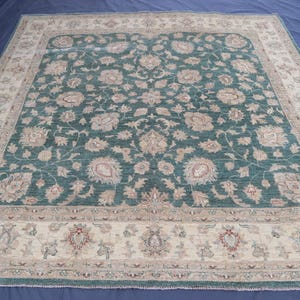 8x8 ft Square Rug, Green Beige Afghan Handmade Rug, Organic Dyes Wool Floral Ziegler Rug, Bedroom Rug, Collector Piece Rug, Dining Table Rug