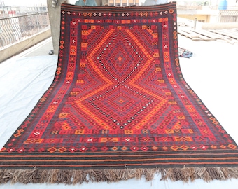 8x12 Ft Antique Afghan Kilim Rug, Turkmen Ghalmoori Kilim Rug, Handmade Wool Rug, Flatweave Rug, For Bedroom Rug, Geometric Kilim Area Rug