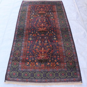 Tribal Baluch Area Rug 4x7 ft, Oriental Turkmen Hand Made Wool Rug, Floral Pot Rug, Afghan Rug, Bedroom Rug, One of a Kind Pictorial Carpet