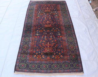 Tribal Baluch Area Rug 4x7 ft, Oriental Turkmen Hand Made Wool Rug, Floral Pot Rug, Afghan Rug, Bedroom Rug, One of a Kind Pictorial Carpet