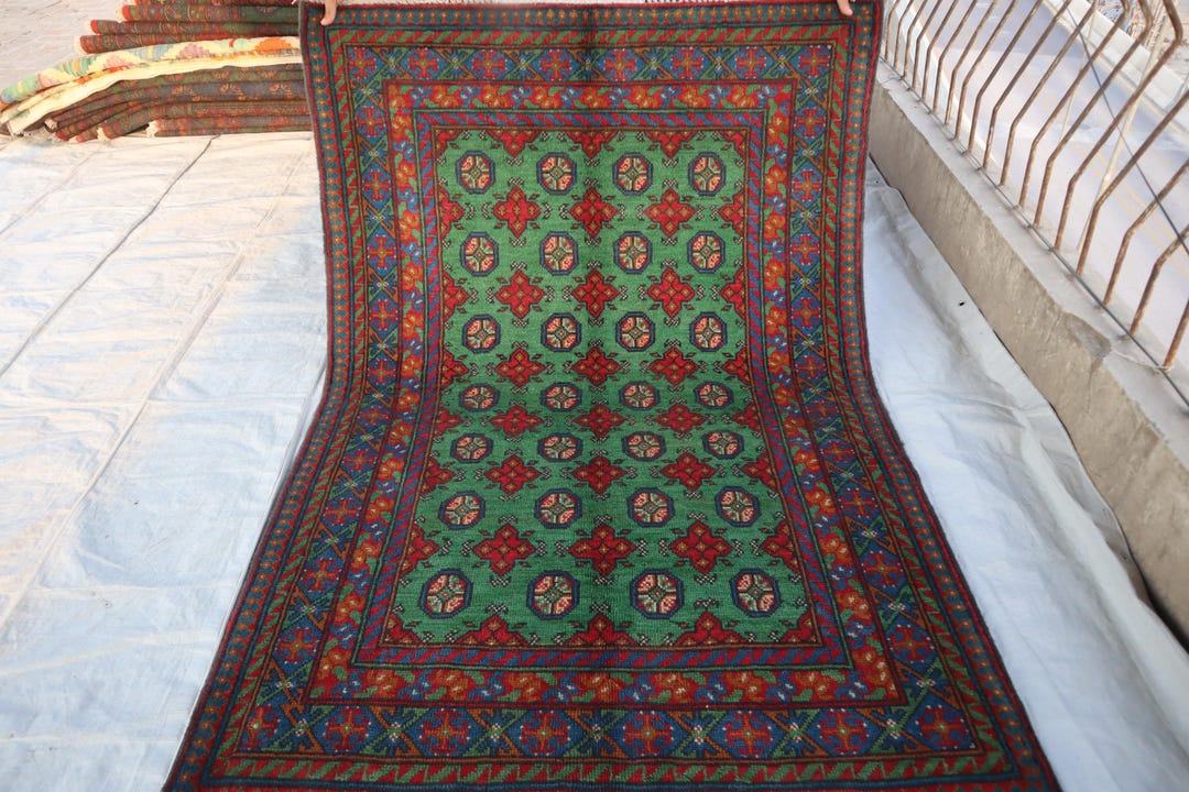4x6 Green Bukhara Rug- Turkmen Mowri Rug- Handmade Wool Rug- Tribal ...