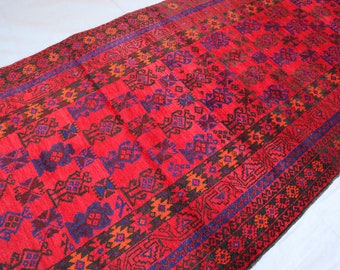 4x12 Ft Handmade Afghan Vintage Balochi Rug, Oriental Turkmen Wool Rug, Natural Veg Dyes Wool Rug/ Bedroom Carpet/ Geometric Rug Hallway Rug