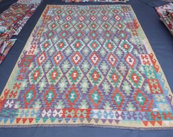 Veelkleurig kelimtapijt 6'8 x 9'3 Tribal Turkmeens geometrisch tapijt, uniek tapijt, sumak kelimtapijt, Afghaans stamtapijt, vloerkleed woonkamer