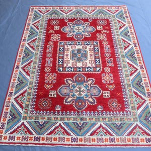 5x7 ft Red Kazak Area Rug, Natural Veg dyes Afghan Handmade Wool Rug, Geometric Design, Rug For Bedroom, Living Room Rug Dining Table Carpet