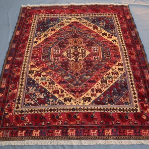 4&#39;8x5&#39;7 ft Vintage Pictorial Area Rug, Turkmen Handmade Wool Nomadic Rug, Hand Knotted Balochi Rug, Animal Tree of Life Rug, Kids Room Rug