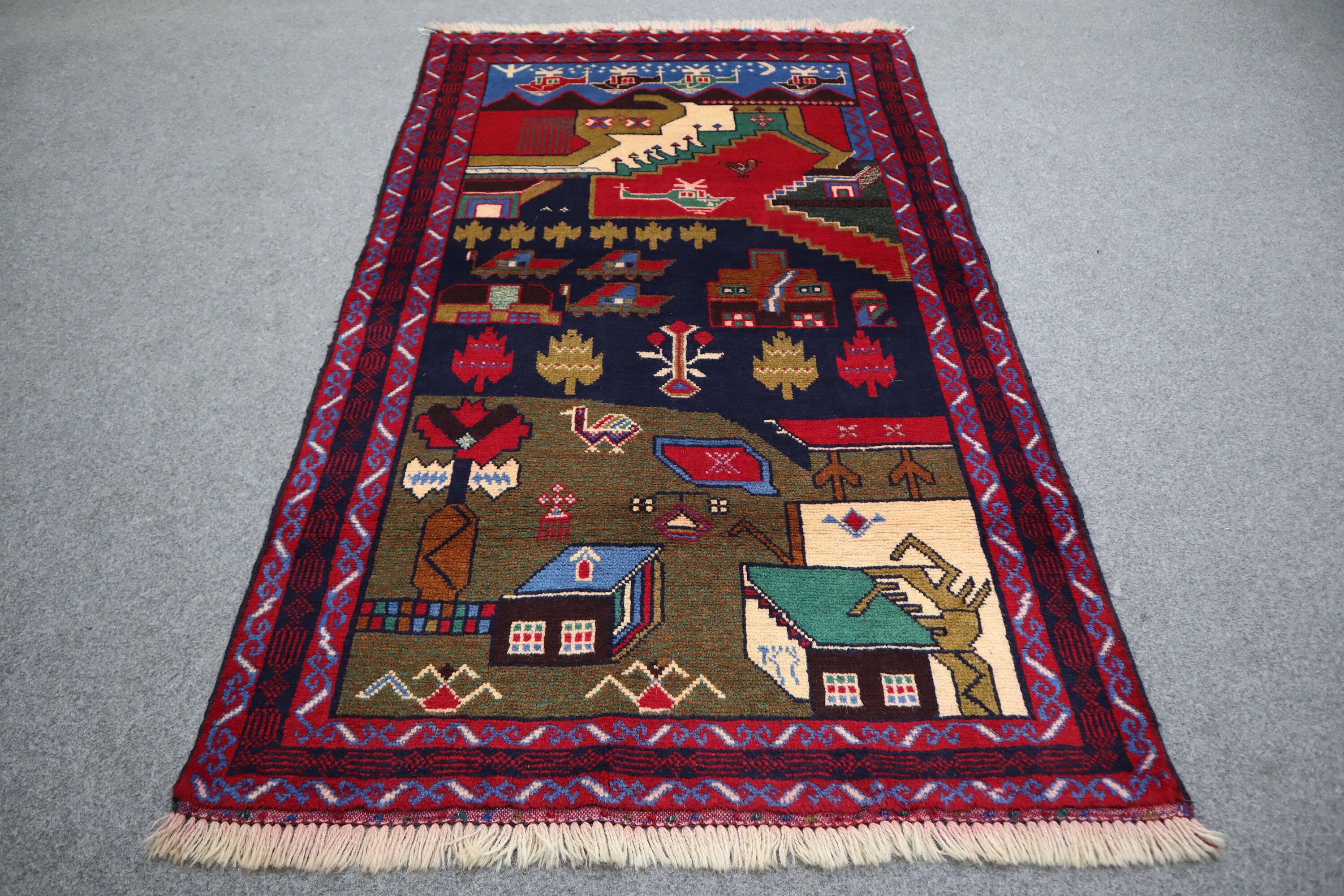 上質なヴィンテージアフガニスタン絵画ラグ、2'9x4'7フィートの