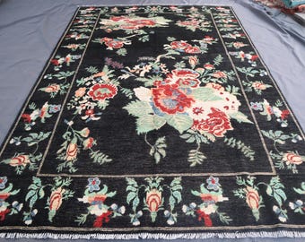 7x10 ft Floral Black Area Rug, Afghan Hand Knotted Rug, Rug for Livingroom, Bedroom Rug, Veg Dyes Wool, Oriental Design Rug, Bedroom Carpet