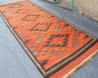 Vintage Kilim Area Rug, 4'7x12'4 ft Afghan Handmade Woolen Rug/ Turkoman Geometric Flatweave Rug/ Red Afghan Heritage Kilim Rug/ Bedroom Rug