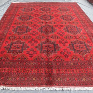 8&#39;4x11&#39;8 Afghan Bokhara Rug – Handmade Turkmen 100% Wool Area Rug – Red Oriental Carpet – Traditional Tribal Design Rug – Afghan Bedroom Rug
