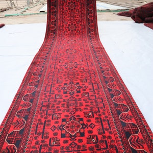 13.0 x 2.8 Ft Red Tribal Bukhara Rug, Khamiyab Runner Rug, Oriental Turkmen Rug-Hallway Rug 3x13-Stair Rug Runner-Natural Vegetable Dyes Rug