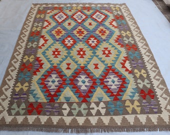 6.4 x 4.11 Ft, Geometrical Chobi Kilim Rug, Afghan Rug 7x5, Oriental Tribal bokhara Kilim Rug, Hand Knotted Wool Kilim Rug, Living Room Rug