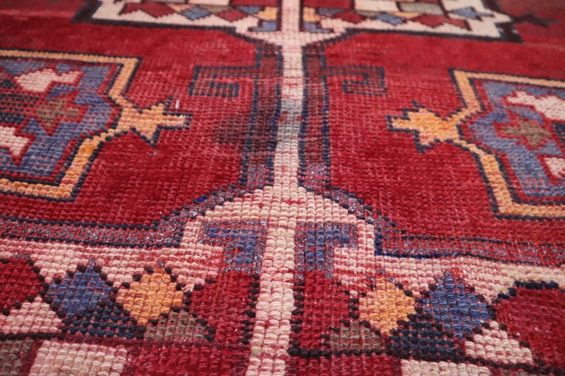 Turkmen Patterns 1940s Antique Faded Caucasian Design Geometric Rug, 4.3x8.11 Ft ...