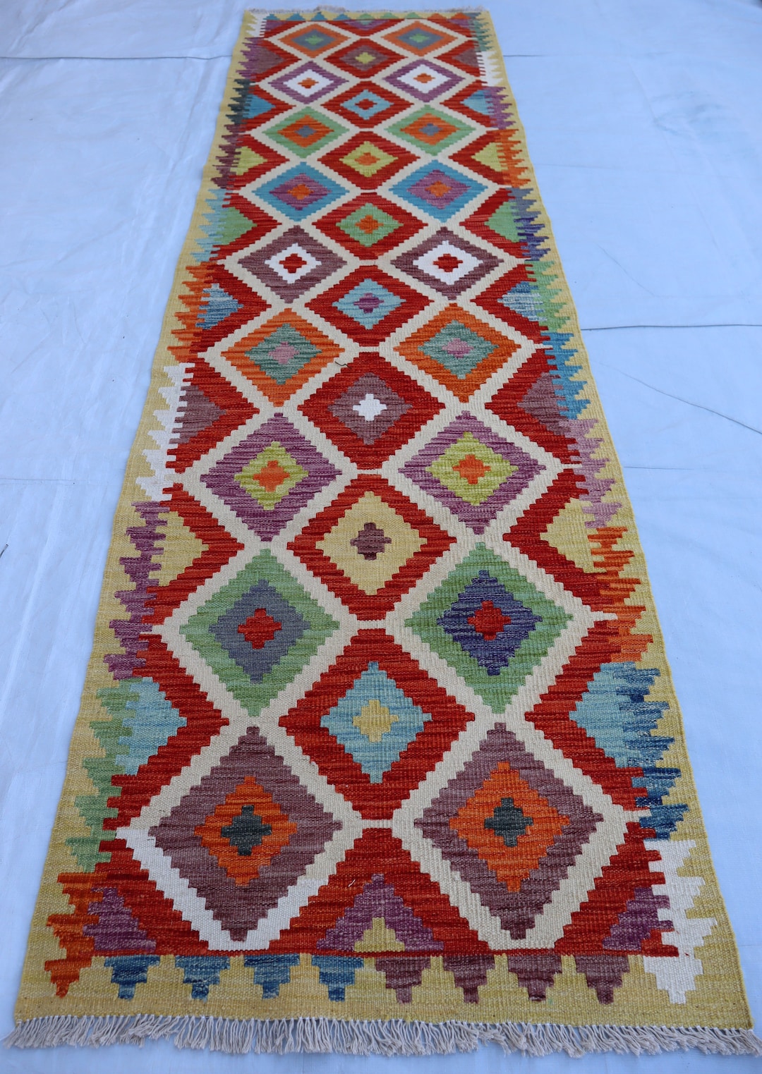 Afghan Runner Rug 9.10 X 2.10 Ft, Geometrical Afghan Handmade Turkmen ...