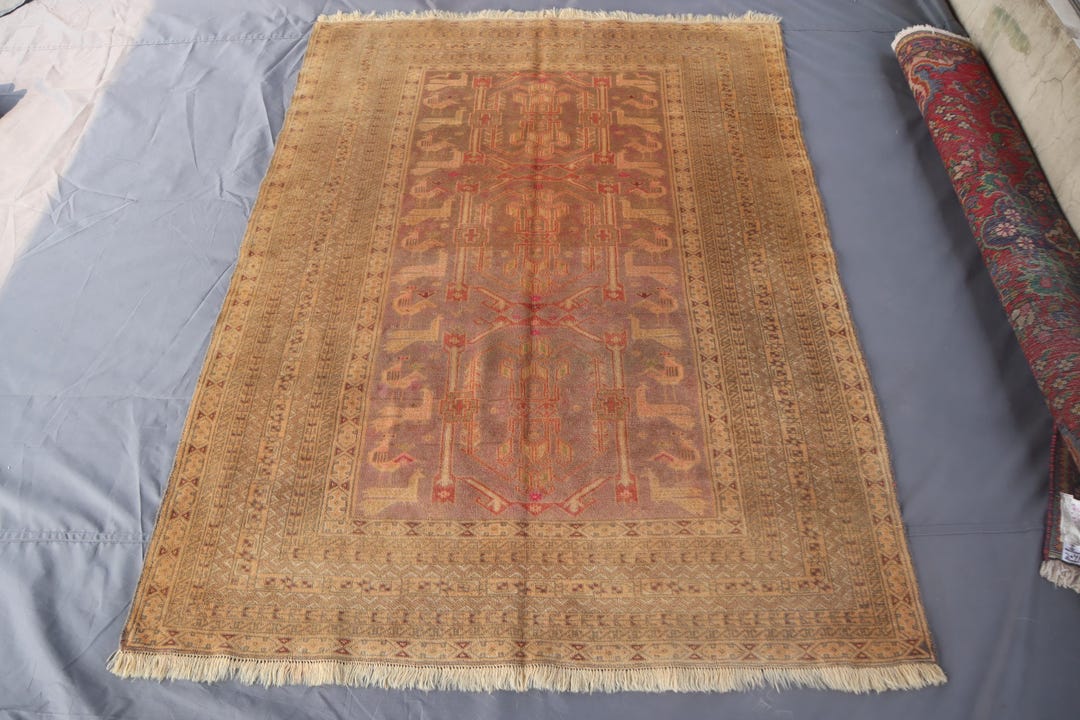 1950's Antique Terracotta Pictorial Rug 4'4x5'8 Ft Afghan Handmade Vege ...