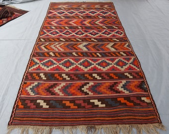 Antique Tribal Kilim Area Rug 4'10x9'5 Ft Afghan Flatweave Rug, Geometric Rugs, Kitchen Rug, Vintage Faded Wool Area Rug, Collectors Piece