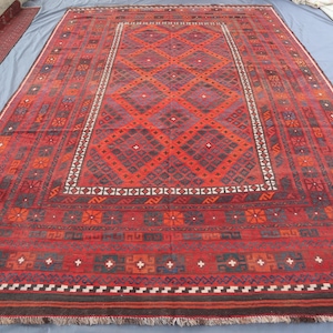 8&#39;5x13&#39;0 ft Large Afghan Kilim Rug- Red Vintage Geometric Ghalmoori Design Area Rug- Authentic Handmade Rug- Rugs for Dining Table- Bedrooms