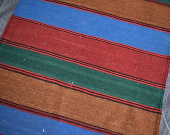 Puede incluir: Una alfombra rayada con bandas alternas de marrón, verde, rojo y azul. La alfombra tiene una textura tejida y está hecha de fibra natural.