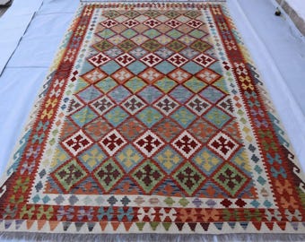 Large Area Afghan Kilim Rug, 7x10 Ft Handmade Wool Flatweave, Natural Vegetable dyes Oriental Rug, Vibrant Multi Color Kilim Rug Living Room
