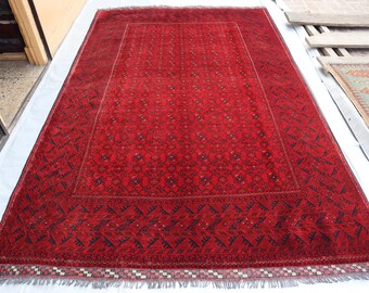 6'4x10'1 ft Red Turkmen Bokhara bashiri Rug, High Pile Soft Wool Rug, Game Room Rug, Rugs For Living Room, Boho bohemian Rug, Eclectic Bold