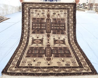 1940s Antique Rug 3x5 Terracotta Vintage Faded Handmade Wool Rug, Turkmen Tribal Balochi Rug, Oriental Afghan Rug, Office, Living Room Rug