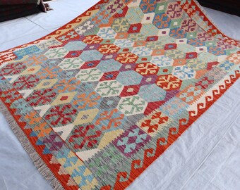 7x9'6フィートの大型アフガニスタンキリムラグ - ライトブルーの平織り