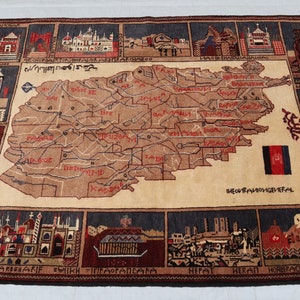 Alfombra de lana hecha a mano con mapa de Afganistán de 4,5 x 6,3 pies, alfombra turca oriental anudada a mano para colgar en la pared, alfombra artística para decoración de pared, tapiz bohemio