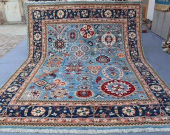 8'4x10'2 Ft Stunning Blue Kazak Area Rug, 253x305 Cm Rug, Handmade Rug, Wool Rug, Vegetable Dyes Rug-Geometric Oriental Kazak Rug Blue 8x10
