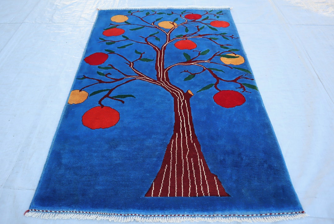 Blue Tree Design Rug 3x5 Ft, Afghan Pictorial Area Rug, Fruit Tree Rug ...