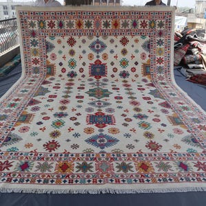 Beige Kazak Area Rug, 910x13&#39;6 ft Hand Knotted Wool Area Rug, Afghan Geometric Rug, Palace Size Rug, Collector Piece, One of a Kind Area Rug