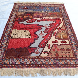 Uniek picturaal tapijt 5 x 7, vintage Afghaans balochi-tapijt, gebouwen City River Tree-tapijt, Turks antiek tapijt, hangend schilderskleed aan de muur